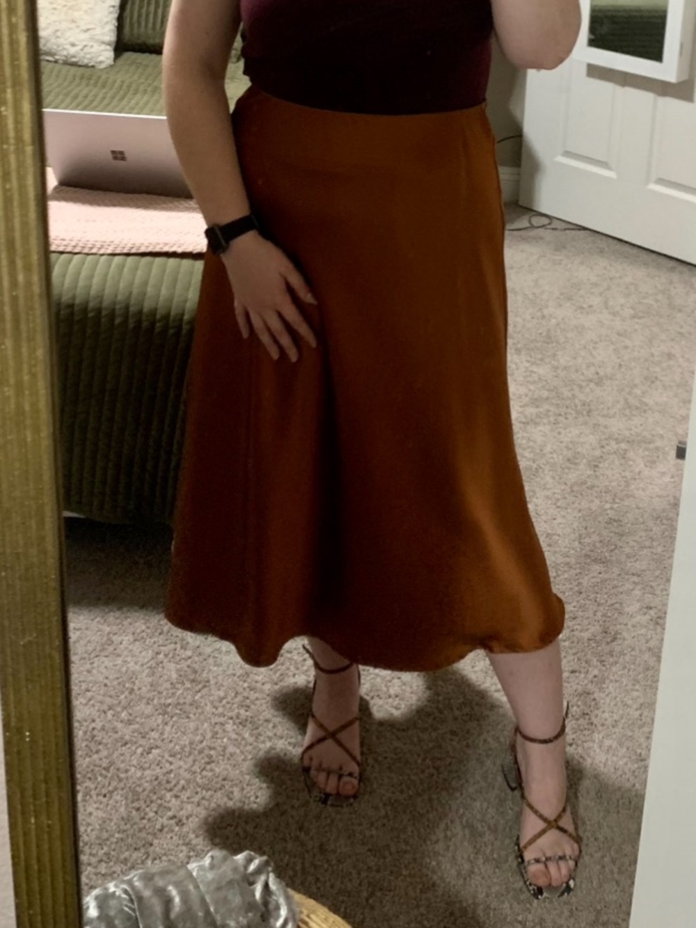 Amazon Rust Brown Satin Midi Skirt